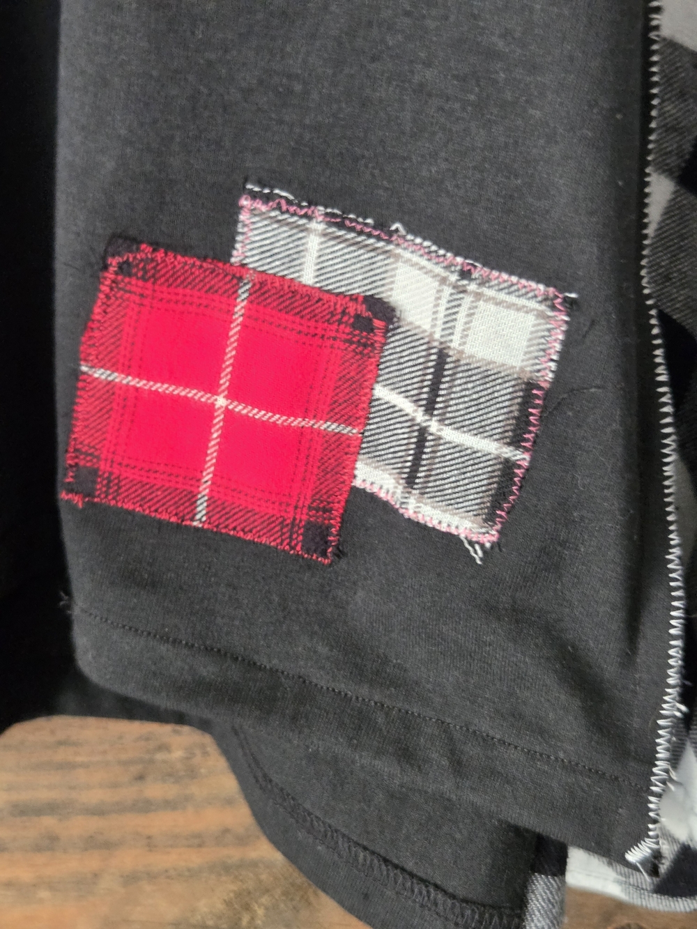 Upcycled Black Graphic Tee with Black-and-White Plaid Sleeve - Picture 5 of 7